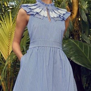 Ted Baker Bib Neck Lace Pleated KIKII Dress Size 3 US Light Blue Striped